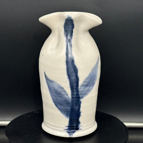 Vintage Pottery Hand Turned Salt Glaze Blue Leaf Pitcher Vase 7.5" - Picture 7 of 12